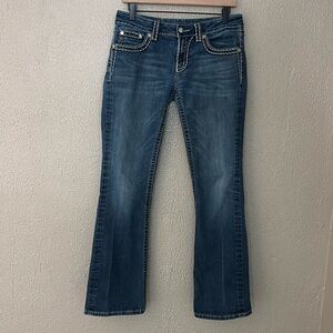Women’s Miss Me Loose Saddle Stitch Border Boot Cut Jeans, 30” Waist Medium Wash